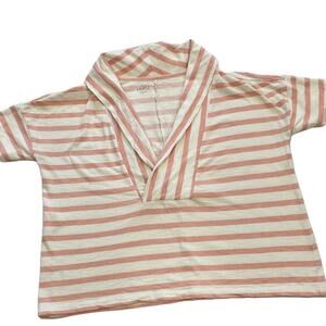 LOFT Cotton Pink & Ivory Stripe Shawl Collar Short Sleeve Sweatshirt, Size S